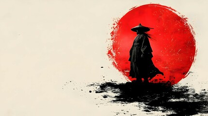 Wall Mural - Silhouette of a Man in a Traditional Hat Standing Against a Red Sun