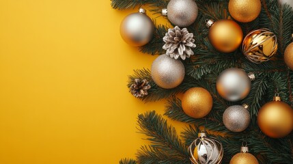 Wall Mural - A vibrant yellow background illuminates golden and silver ornaments on Christmas tree branches