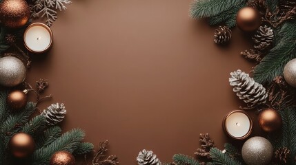 Wall Mural - This festive holiday decoration features shiny ornaments, pinecones, and frosted evergreen branches