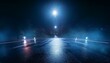 © basit - Wet asphalt, the reflection of neon lights, a searchlight, smoke. Abstract light in a dark empty road “Mystic Night Road Illuminated”