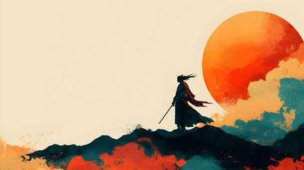 Poster - Silhouette of Samurai Warrior with Sword Standing on Mountain Peak under Orange Sun