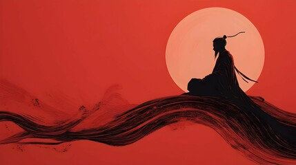 Wall Mural - Red Abstract Art   Man Silhouette Sitting Under a Big Orange Sun