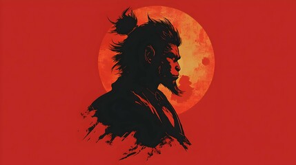 Wall Mural - Silhouette of a Monkey with a Bun in Front of a Red Moon