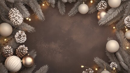 Wall Mural - A festive arrangement of ornaments and pine branches against a dark background