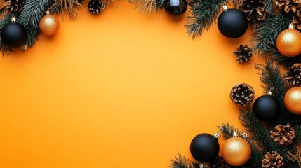 Wall Mural - Holiday decorations featuring bright ornaments and pine branches against a yellow background