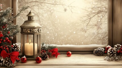 Canvas Print - Winter decoration with candles, ornaments, and greenery