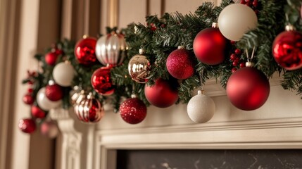 Canvas Print - An ornamented holiday garland adorns the mantle of a cozy fireplace in a beautifully decorated living room