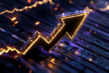 Aufkleber - Business development arrow, pointing upward with glowing lines and graphs representing growth and success