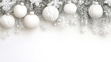 Wall Mural - A festive display of white Christmas ornaments and evergreen branches decorated for the holidays