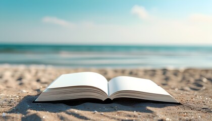 Peaceful beach scene with a white book mockup against a backdrop of sea waves, perfect for vacation reading and leisure moments