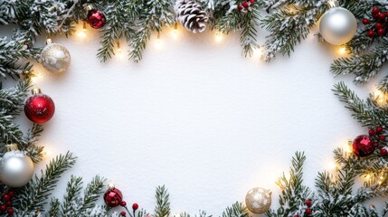 Wall Mural - Christmas decoration with white ornaments, evergreen branches, and warm lights in a snowy setting