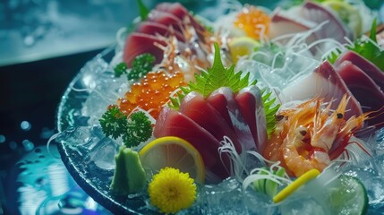 Wall Mural - Beautifully arranged sashimi platter with fresh fish and garnishes.