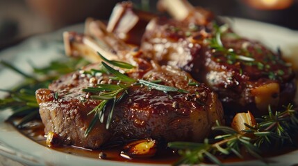 Wall Mural - Fine dining lamb chops with rosemary and garlic sauce.