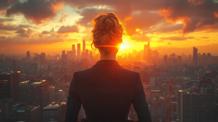 Canvas Print - A woman in a suit looks out at the city skyline at sunset.