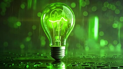 Poster - A vibrant green light bulb emits a soft glow amidst a backdrop of water droplets in a dark setting, creating an enchanting atmosphere that symbolizes creativity and innovation.