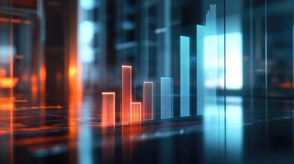 Poster - A 3D bar chart on a transparent digital interface, with bars representing different business metrics, shown in an office with blurred background for a high-tech feel