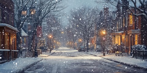 Wall Mural - Snow falling on a quiet street 