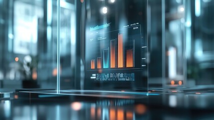 Poster - A 3D bar chart on a transparent digital interface, with bars representing different business metrics, shown in an office with blurred background for a high-tech feel