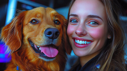 Canvas Print - Smiling woman and her golden retriever.