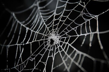 Wall Mural - black background, white spider webs hanging from top to bottom generative ai