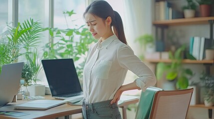 An Asian young woman stands up from her desk, massaging her lower back in pain, suffering from stiffness and body aches caused by long hours of sitting at work.