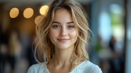 Wall Mural - Smiling young woman with blonde hair.