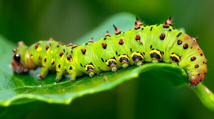 Wall Mural - A caterpillar inching its way along a bright green leaf, preparing for its transformation