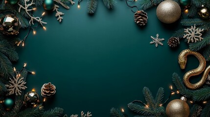 Wall Mural - Holiday decorations with ornaments, pinecones, and twinkling lights against a teal backdrop