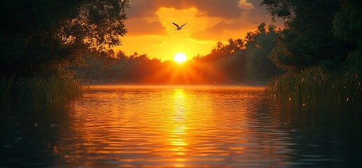 Wall Mural - A bird silhouetted against a fiery sunset over a calm lake.