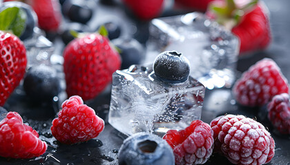 Wall Mural - Ice cubes with berries on table, closeup