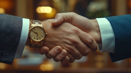 Wall Mural - Two businessmen shake hands, signifying agreement and partnership.