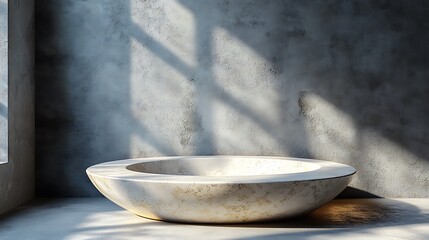 Wall Mural - Minimalist round white platform on a gray concrete wall with sunlight.