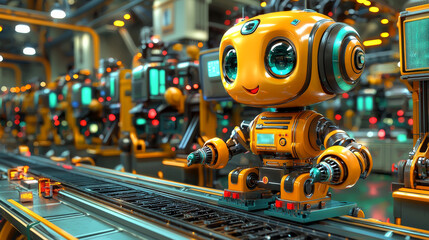 Wall Mural - A friendly yellow robot on a conveyor belt in a futuristic factory.