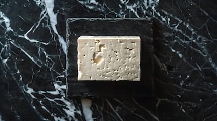 A block of white feta cheese on a black slate serving board on a black marble surface.