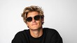 © lililia - A handsome model showcases a black t-shirt while striking a dynamic pose, enhanced by stylish sunglasses and a vibrant streetwear vibe. The clean background emphasizes the look