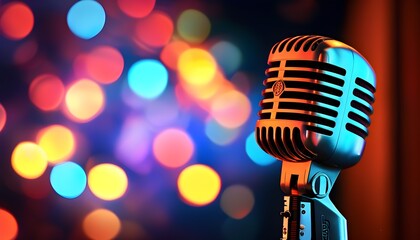 Wall Mural - Retro microphone surrounded by vibrant bokeh lights, embodying the essence of music and captivating performances