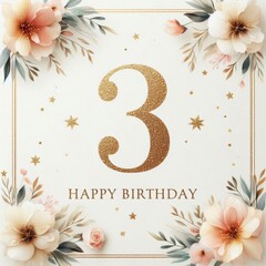 Elegant floral birthday card design featuring the number three in gold glitter.