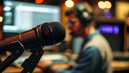 Wall Mural - Podcast Production in Action: A Detailed Look at a Microphone with Sound Engineer in Background