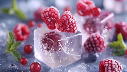 Wall Mural - Ice cubes with berries on table, closeup