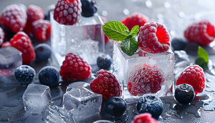 Wall Mural - Ice cubes with berries on table, closeup