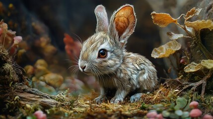 Poster - Cute Rabbit in the Forest: Closeup of a Fluffy Bunny