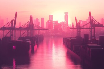 Wall Mural - Vibrant City Skyline at Sunset with Cranes and Docks