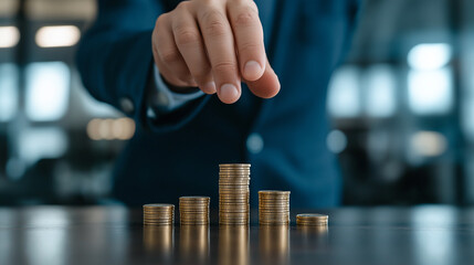 A businessman is stacking coins to represent growth and investment strategies, highlighting importance of financial planning and wealth management