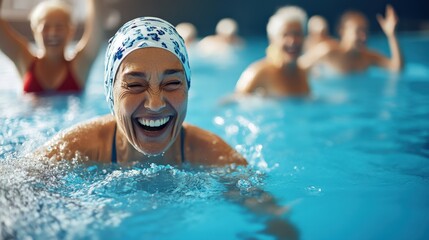 A smiling woman splash happily in a blue pool on a summer day seniors doing water exercises, Group of elder women at aqua gym session, joyful group of friends having aqua class in swimming