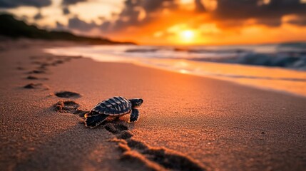 A charming image of a baby sea turtle making its way to the ocean from the sandy beach, with its tiny flippers leaving tracks in the sand and the sun setting in the background.