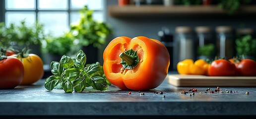 Wall Mural - Red bell pepper cut in half on a kitchen counter with tomatoes, herbs, and spices.