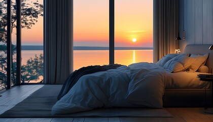 Wall Mural - Tranquil bedroom featuring a large window revealing a calming sunset, cozy bed, soft lighting, and minimalist decor for optimal sleep and peaceful ambiance