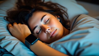 Wall Mural - Peaceful slumber with sleep tracking technology showcased by a smartwatch on her wrist