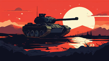 Wall Mural - Military tank. A Battlefield Landscape with war machine tank. A combat tank. Battle-tank. War machine. Tank Vector Illustration. 