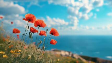 Beautiful coastal landscape with vibrant red poppies, sea view, and blue sky, serene scenery, nature concept